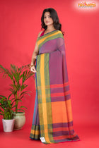 Pondicherry Cotton, Handloom Saree with Traditional Design in Purple  Yellow