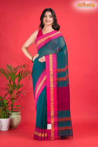 Pondicherry Cotton, Handloom Saree with Traditional Design in Green Pink