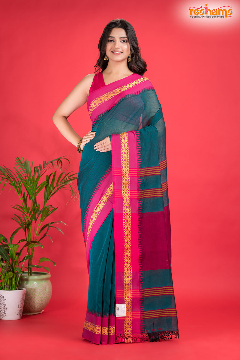 Pondicherry Cotton, Handloom Saree with Traditional Design in Green Pink