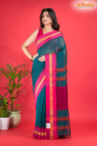 Pondicherry Cotton, Handloom Saree with Traditional Design in Green Pink