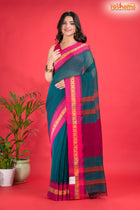 Pondicherry Cotton, Handloom Saree with Traditional Design in Green Pink