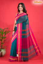 Pondicherry Cotton, Handloom Saree with Traditional Design in Green Pink