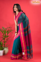 Pondicherry Cotton, Handloom Saree with Traditional Design in Green Pink