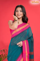 Pondicherry Cotton, Handloom Saree with Traditional Design in Green Pink