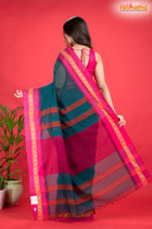 Pondicherry Cotton, Handloom Saree with Traditional Design in Green Pink
