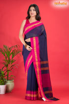 Pondicherry Cotton, Handloom Saree with Traditional Design in Blue Pink