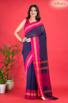 Pondicherry Cotton, Handloom Saree with Traditional Design in Blue Pink