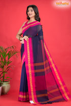 Pondicherry Cotton, Handloom Saree with Traditional Design in Blue Pink