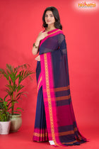 Pondicherry Cotton, Handloom Saree with Traditional Design in Blue Pink
