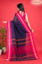 Pondicherry Cotton, Handloom Saree with Traditional Design in Blue Pink