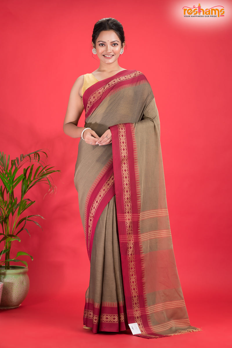 Pondicherry Cotton, Handloom Saree with Traditional Design in Brown Red