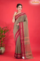 Pondicherry Cotton, Handloom Saree with Traditional Design in Brown Red