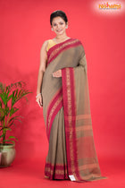 Pondicherry Cotton, Handloom Saree with Traditional Design in Brown Red