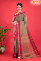 Pondicherry Cotton, Handloom Saree with Traditional Design in Brown Red