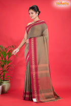 Pondicherry Cotton, Handloom Saree with Traditional Design in Brown Red