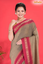 Pondicherry Cotton, Handloom Saree with Traditional Design in Brown Red
