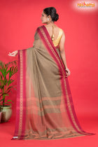 Pondicherry Cotton, Handloom Saree with Traditional Design in Brown Red