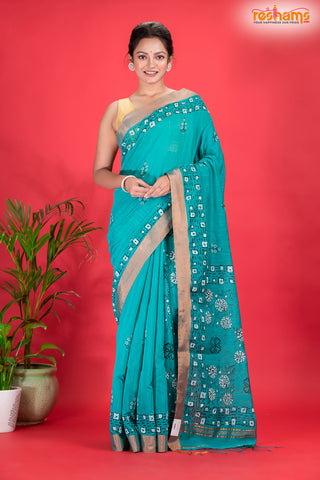 LINEN Handpaint Green saree trendy