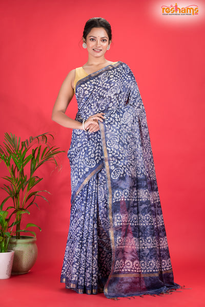 Linen batik cotton silk – BLUE Body with Golden Zari Border saree discount