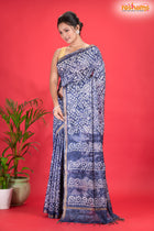 Linen batik cotton silk – BLUE Body with Golden Zari Border