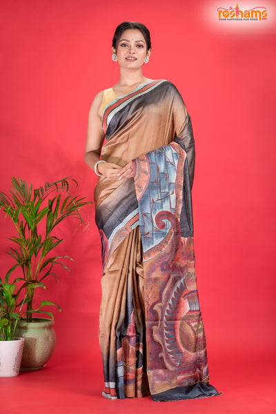 Tussar Kantha Stitch With Golden Black Hand Paint Big Flower Motif saree festive