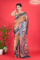 Tussar Kantha Stitch With Golden Black Hand Paint Big Flower Motif