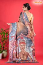 Tussar Kantha Stitch With Golden Black Hand Paint Big Flower Motif