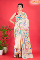 Tussar Kantha Stitch With White Hand Paint Big Flower Motif