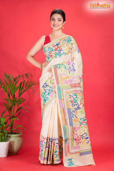 Tussar Kantha Stitch With White Hand Paint Big Flower Motif saree festive