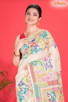 Tussar Kantha Stitch With White Hand Paint Big Flower Motif