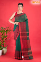 Pondicherry Cotton, Handloom Saree with Traditional Design in Green Red