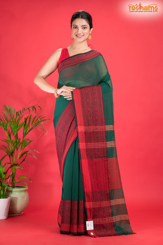 Pondicherry Cotton, Handloom Saree with Traditional Design in Green Red