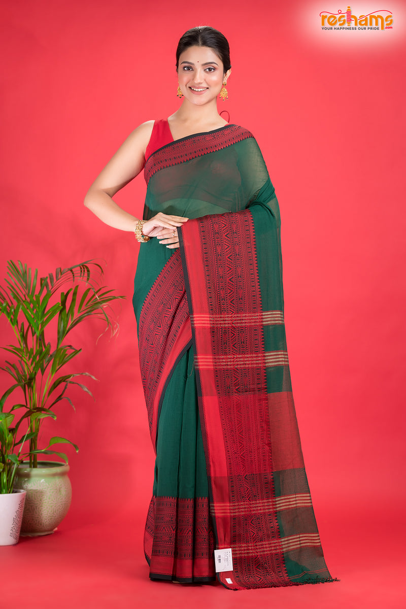 Pondicherry Cotton, Handloom Saree with Traditional Design in Green Red