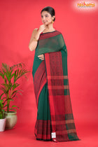 Pondicherry Cotton, Handloom Saree with Traditional Design in Green Red