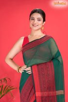 Pondicherry Cotton, Handloom Saree with Traditional Design in Green Red