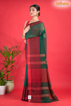 Pondicherry Cotton, Handloom Saree with Traditional Design in Green Red