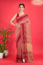 Pondicherry Cotton, Handloom Saree with Traditional Design in Light And Deep Brown