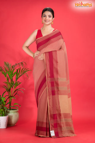 Pondicherry Cotton, Handloom Saree with Traditional Design in Light And Deep Brown