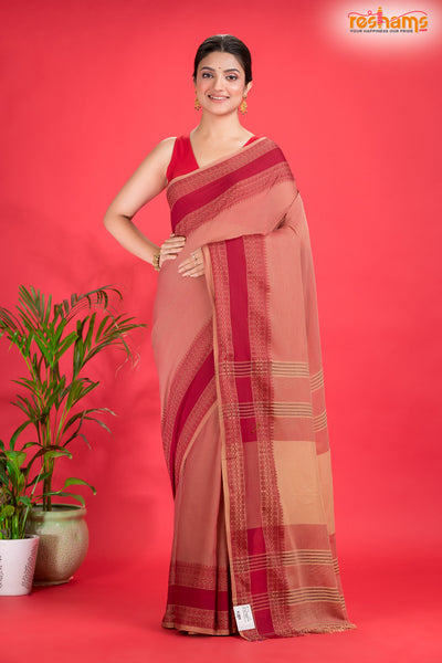 Pondicherry Cotton, Handloom Saree with Traditional Design in Light And Deep Brown