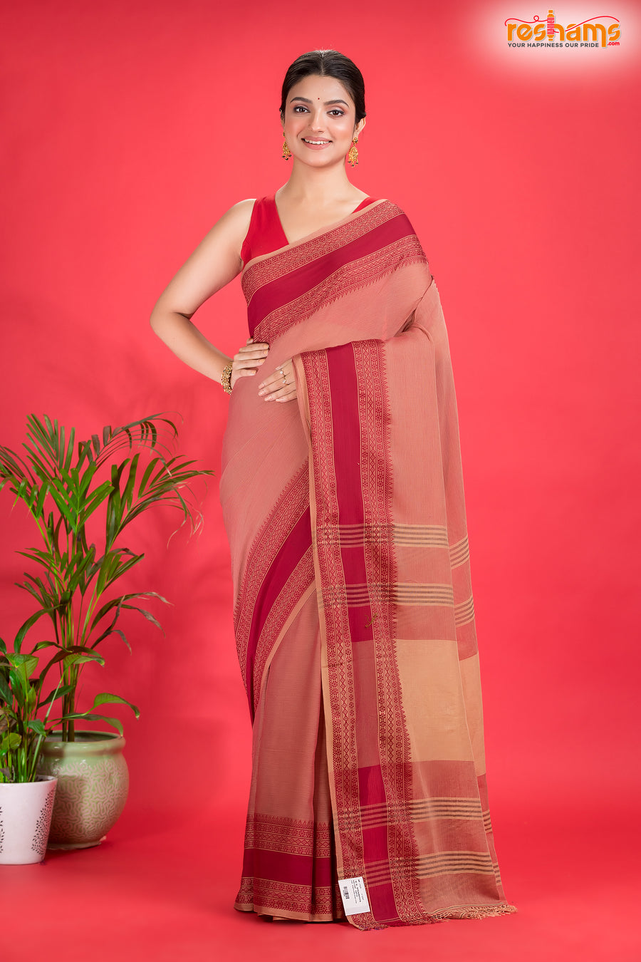 Pondicherry Cotton, Handloom Saree with Traditional Design in Light And Deep Brown