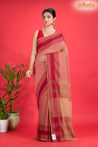 Pondicherry Cotton, Handloom Saree with Traditional Design in Light And Deep Brown