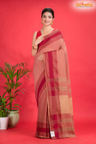 Pondicherry Cotton, Handloom Saree with Traditional Design in Light And Deep Brown