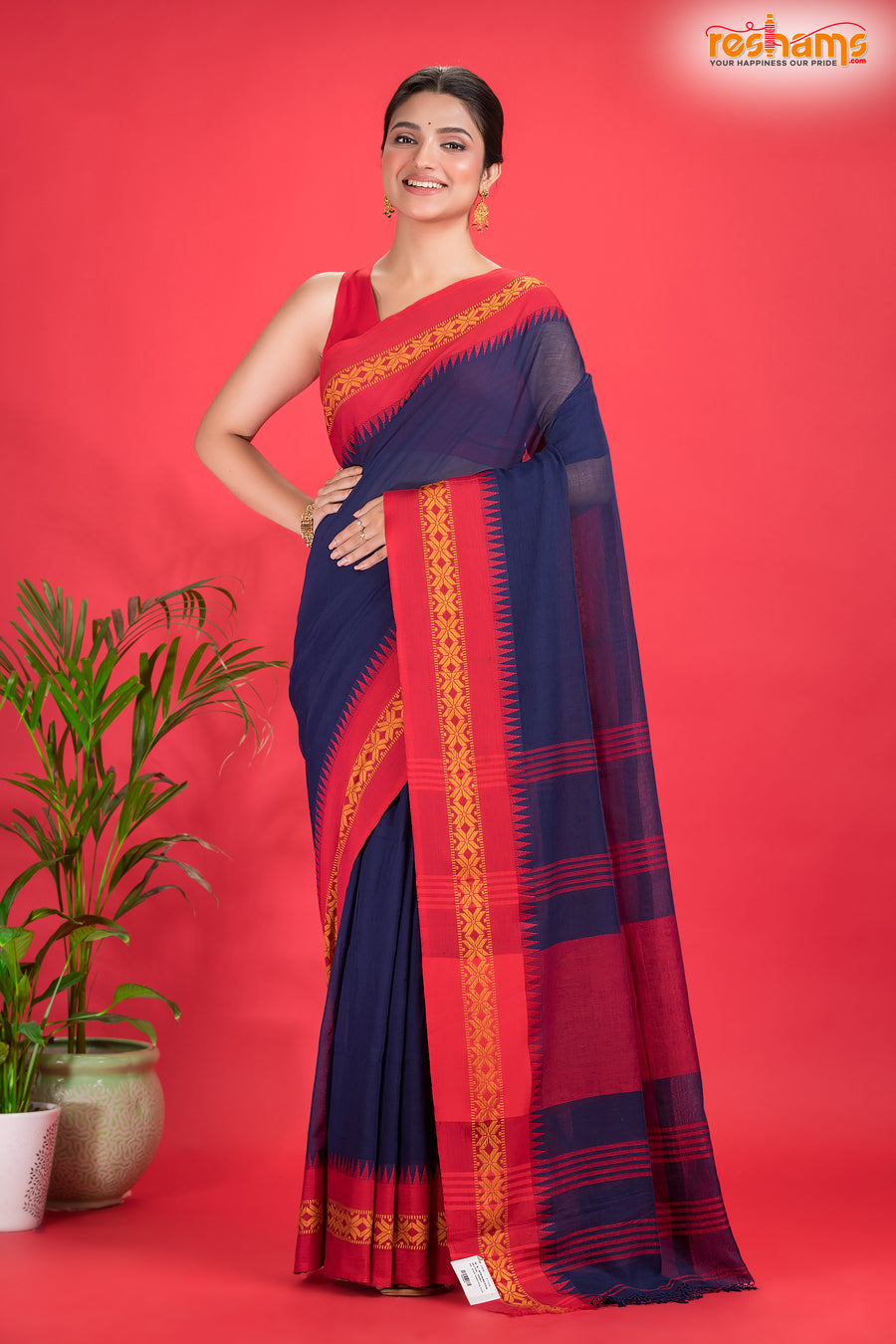 Pondicherry Cotton, Handloom Saree with Traditional Design in Blue Red
