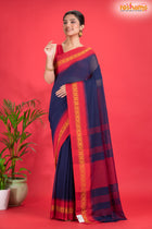 Pondicherry Cotton, Handloom Saree with Traditional Design in Blue Red