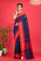 Pondicherry Cotton, Handloom Saree with Traditional Design in Blue Red