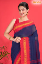 Pondicherry Cotton, Handloom Saree with Traditional Design in Blue Red
