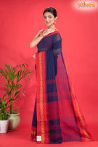 Pondicherry Cotton, Handloom Saree with Traditional Design in Blue Red