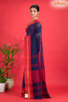 Pondicherry Cotton, Handloom Saree with Traditional Design in Blue Red
