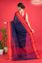 Pondicherry Cotton, Handloom Saree with Traditional Design in Blue Red