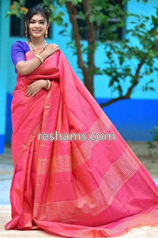 Bishnupuri Katan Silk Saree in Pink Red - Mangalgiri Pattern Handwoven